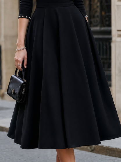 Pearl-Embellished Mock Neck Structured Midi Dress
