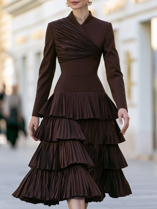 Brown Pleated Wrap Bodice Tiered Ruffle Midi Dress – Office to Dinner Elegant Workwear