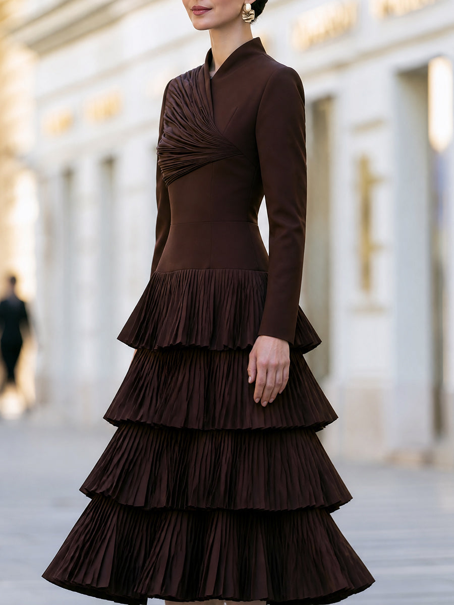 Pleated Wrap Bodice Tiered Ruffle Midi Dress