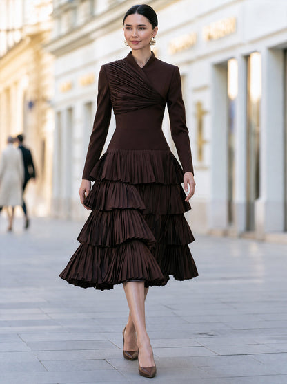 Pleated Wrap Bodice Tiered Ruffle Midi Dress