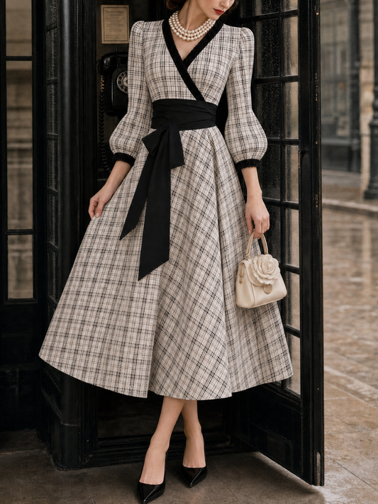 Vintage Plaid Print Contrast Color Umbrella Dress