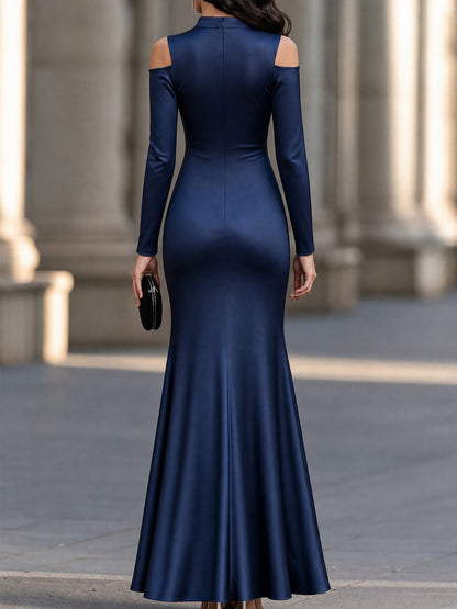 Cold-Shoulder Satin Draped Maxi Dress
