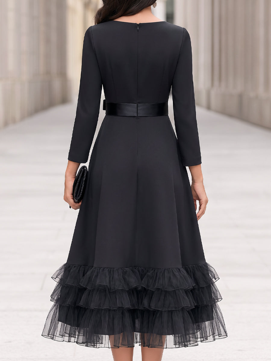 Bow Detail Layered Ruffled Full A-Line Midi Dress