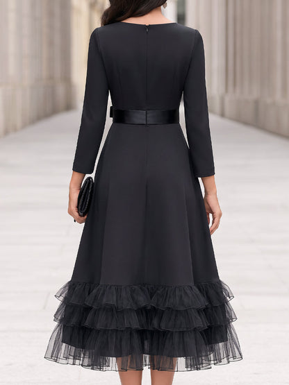 Bow Detail Layered Ruffled Full A-Line Midi Dress
