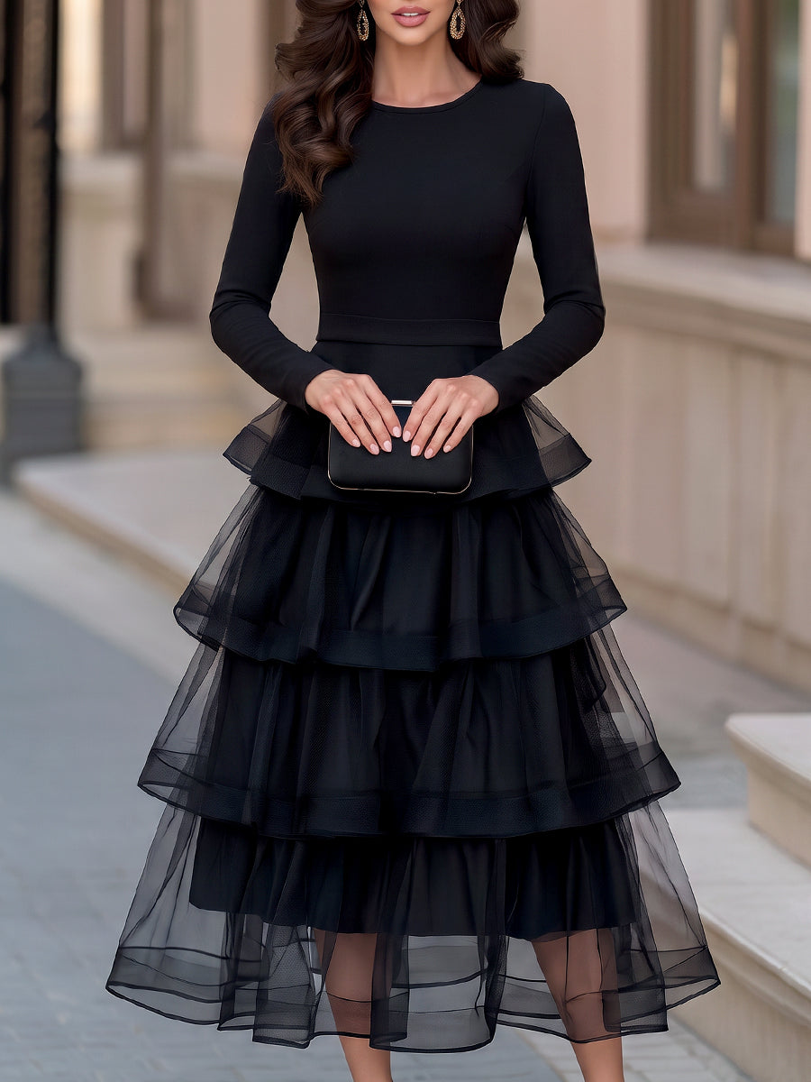 Elegant Long Sleeve Mesh Tiered Ruffle Midi Dress