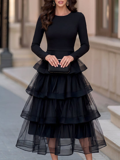Elegant Long Sleeve Mesh Tiered Ruffle Midi Dress