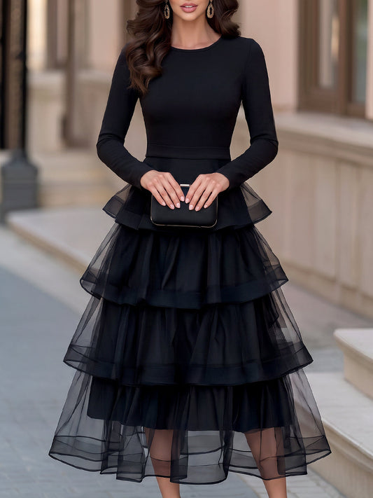 Elegant Long Sleeve Mesh Tiered Ruffle Midi Dress