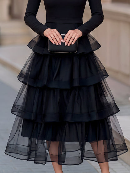 Elegant Long Sleeve Mesh Tiered Ruffle Midi Dress