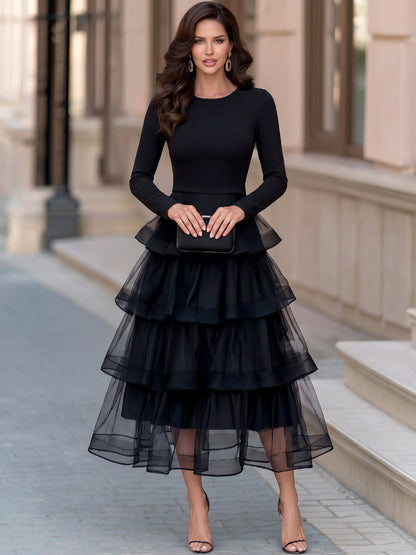 Elegant Long Sleeve Mesh Tiered Ruffle Midi Dress