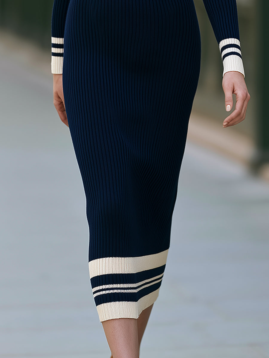 Contrast-Trim Polo Ribbed Knit Midi Dress