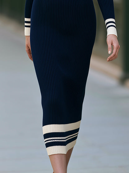 Contrast-Trim Polo Ribbed Knit Midi Dress