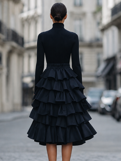 Turtleneck Ribbed-Bodice Tiered Ruffle Midi Dress