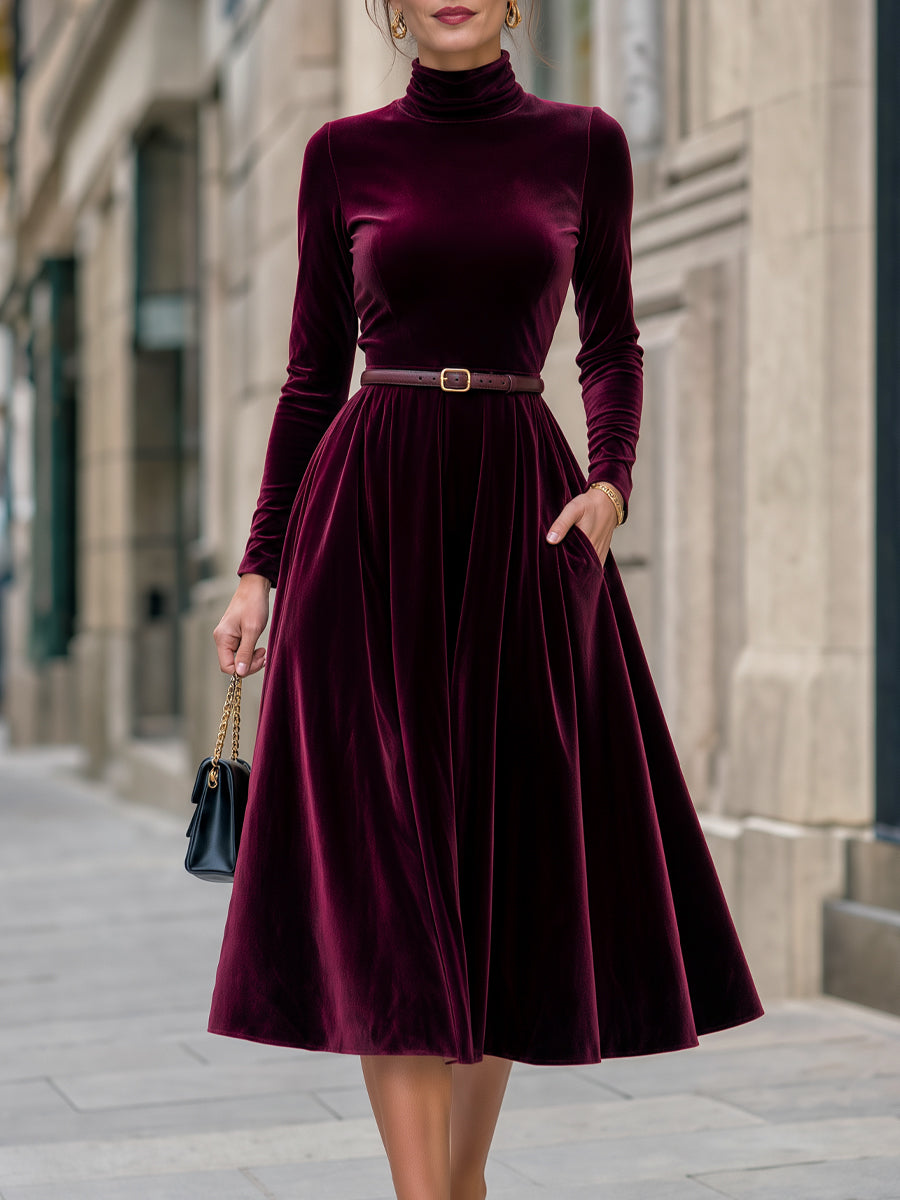 Velvet Turtleneck Belted Structured Midi Dress