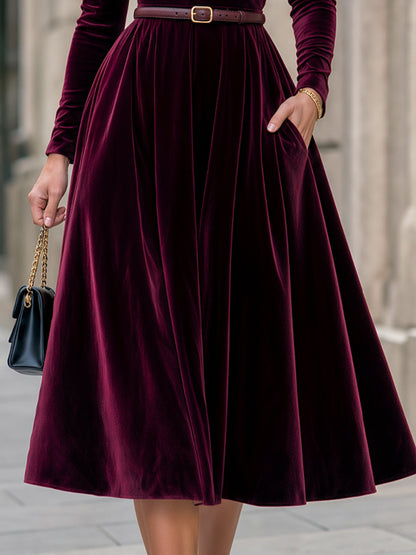 Velvet Turtleneck Belted Structured Midi Dress