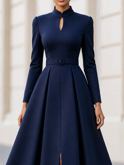 Stand Collar Keyhole Long Sleeve Belted Midi Flare Dress
