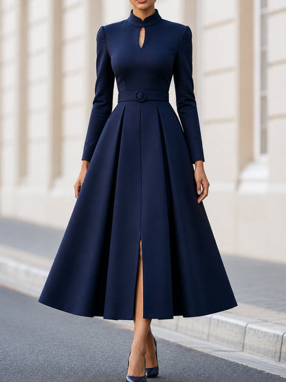 Stand Collar Keyhole Long Sleeve Belted Midi Flare Dress
