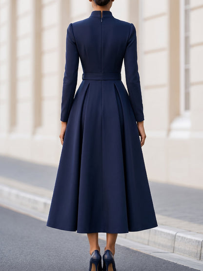 Stand Collar Keyhole Long Sleeve Belted Midi Flare Dress