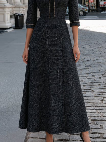 Tweed-Texture Bow-Collar A-Line Maxi Dress