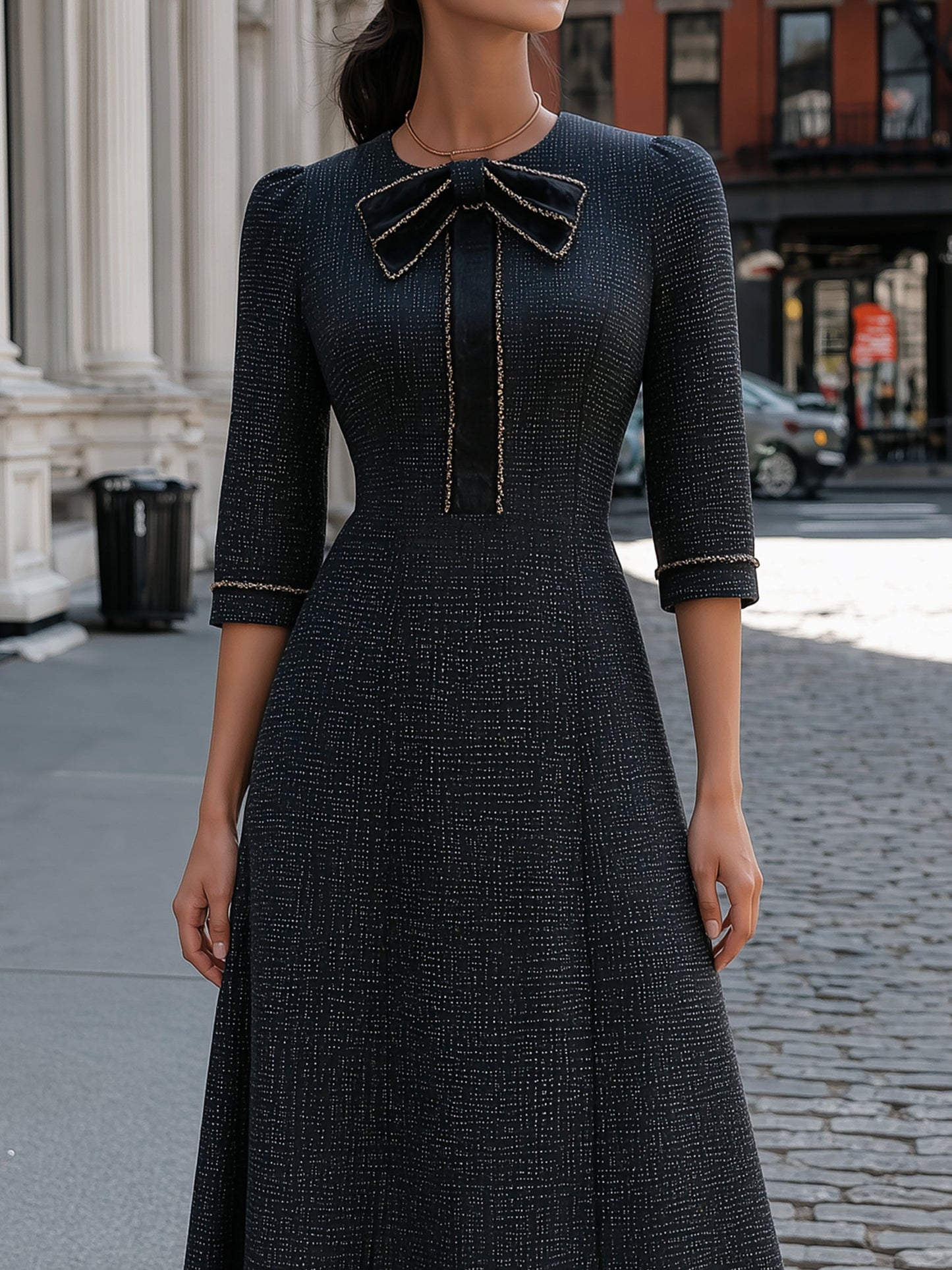 Tweed-Texture Bow-Collar A-Line Maxi Dress