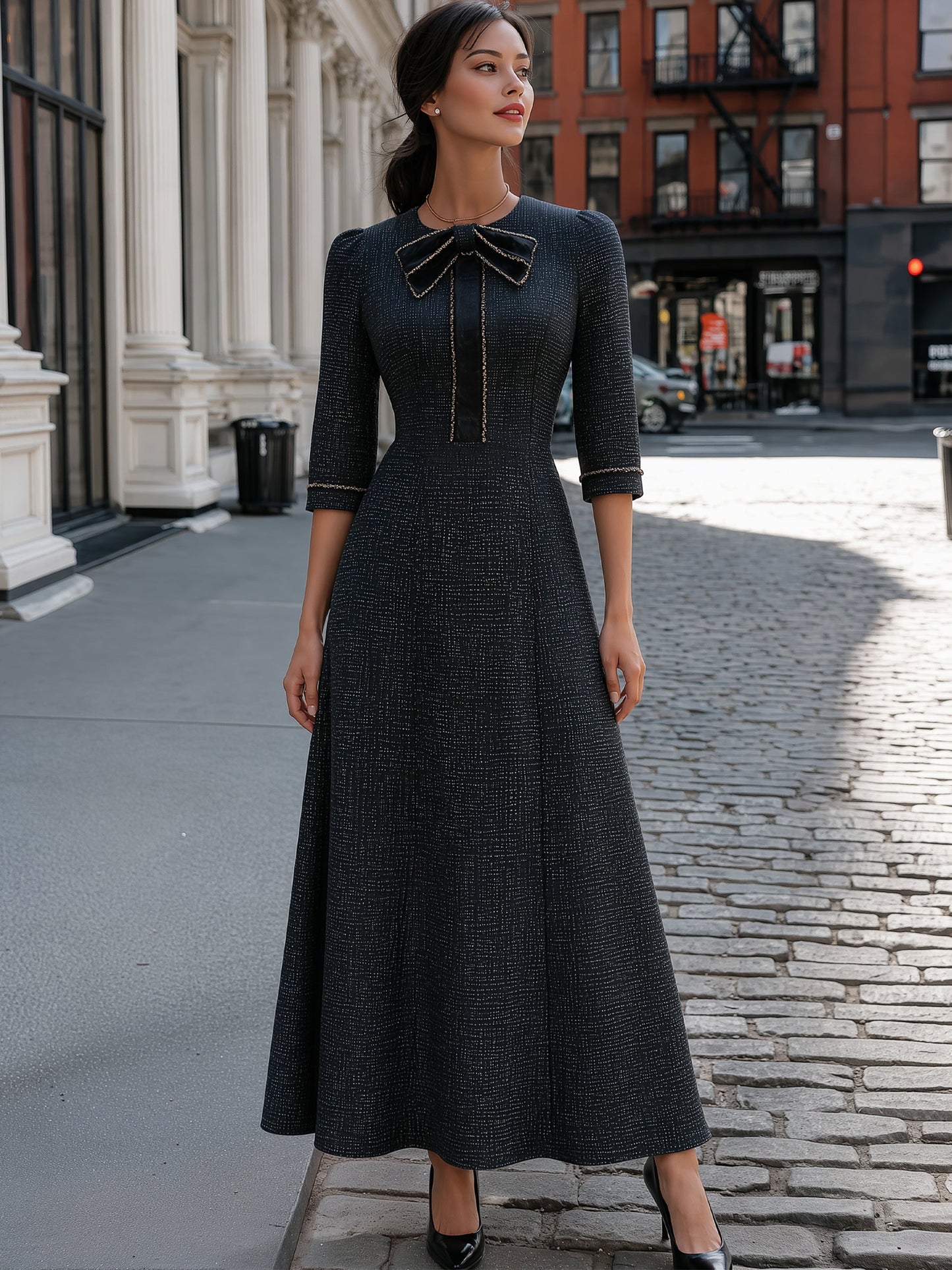 Tweed-Texture Bow-Collar A-Line Maxi Dress