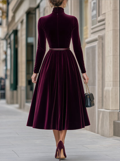Velvet Turtleneck Belted Structured Midi Dress