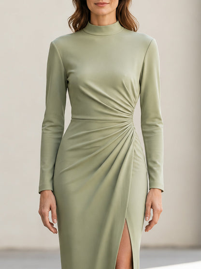 Mock-Neck Ruched Wrap Midi Dress
