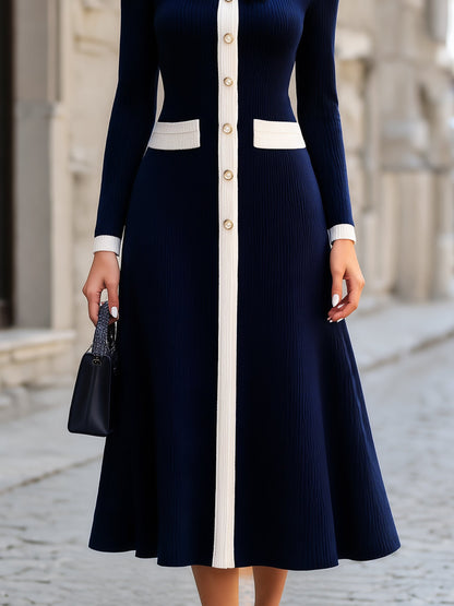 Ribbed Knit Bow-Collar A-Line Maxi Dress