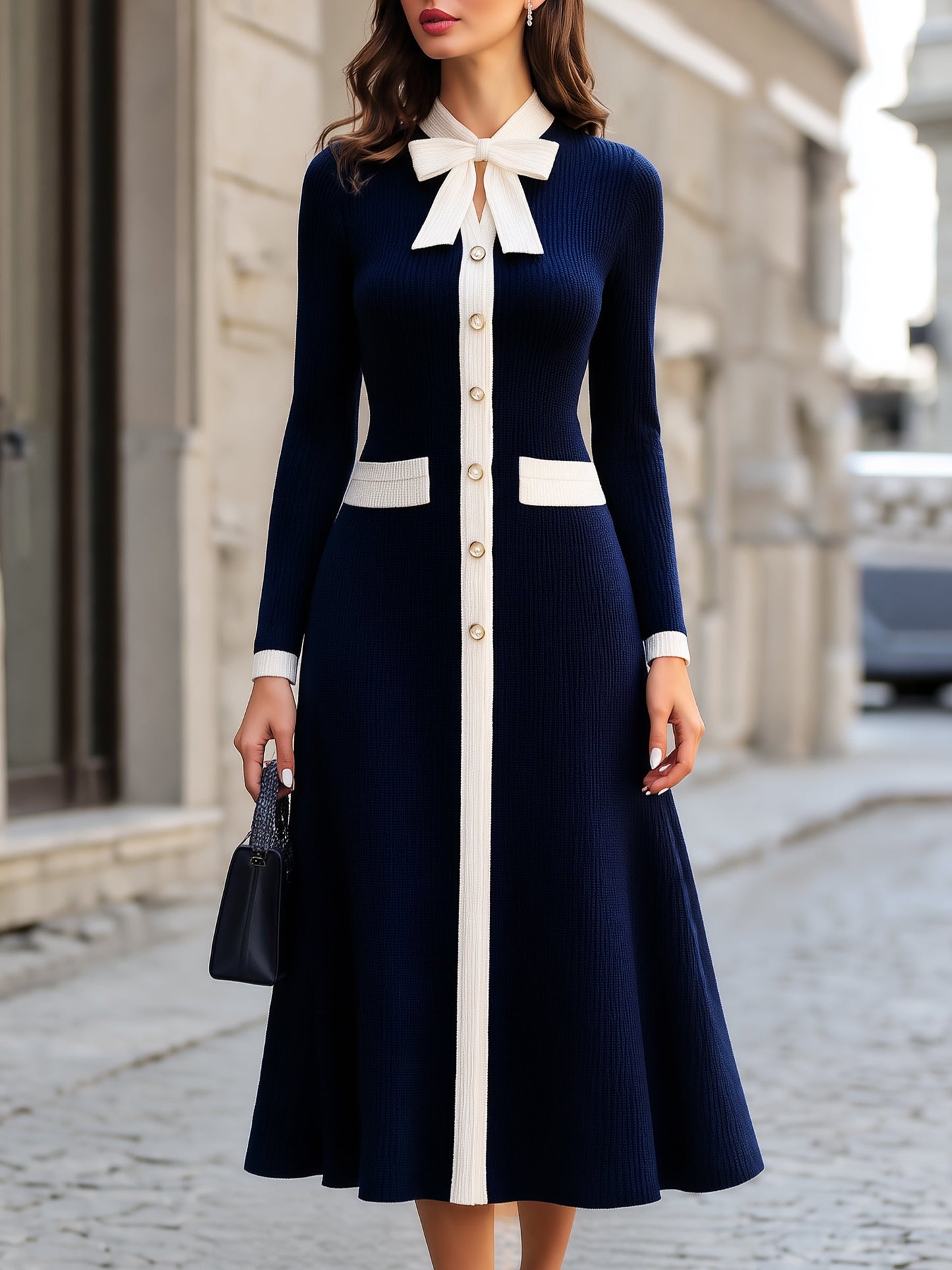 Ribbed Knit Bow-Collar A-Line Maxi Dress
