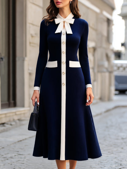 Ribbed Knit Bow-Collar A-Line Maxi Dress