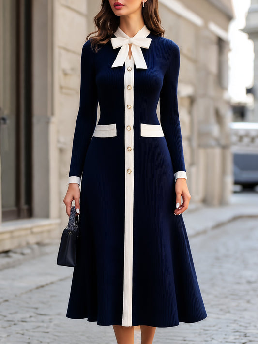 Ribbed Knit Bow-Collar A-Line Maxi Dress