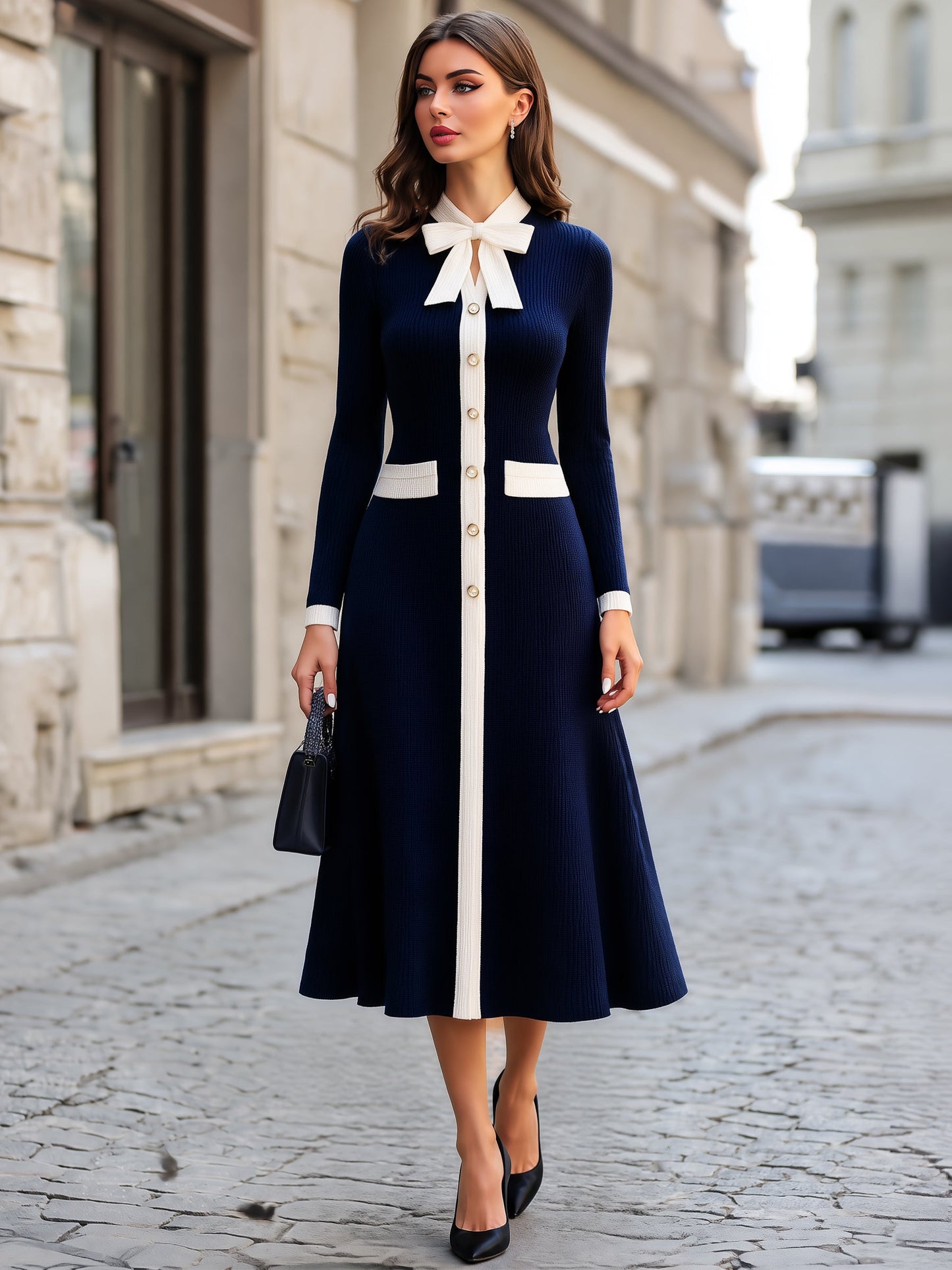 Ribbed Knit Bow-Collar A-Line Maxi Dress
