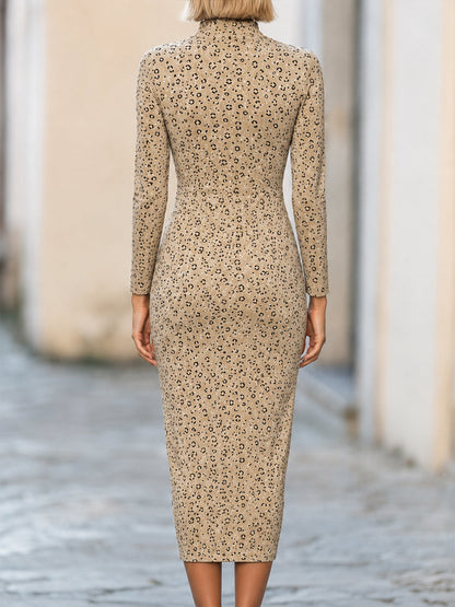 Leopard-Print Ruched Turtleneck Midi Dress