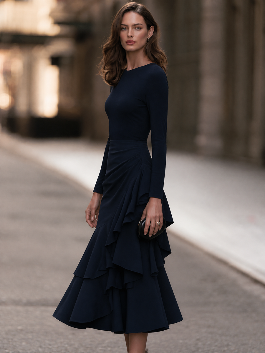 Long-Sleeve Fitted Midi Dress With Cascading Tiered Ruffle Hem