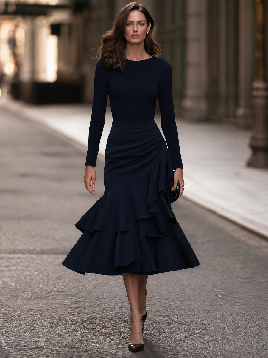 Long-Sleeve Fitted Midi Dress With Cascading Tiered Ruffle Hem