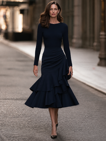 Long-Sleeve Fitted Midi Dress With Cascading Tiered Ruffle Hem