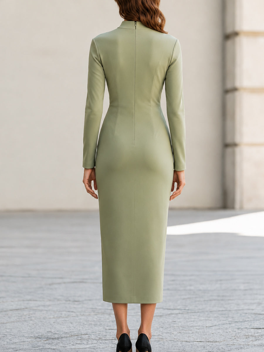 Mock-Neck Ruched Wrap Midi Dress