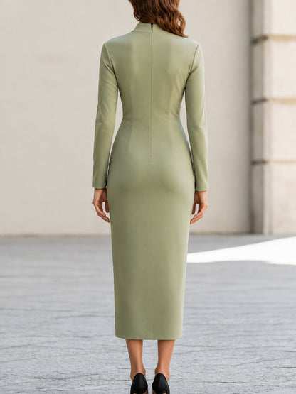 Mock-Neck Ruched Wrap Midi Dress