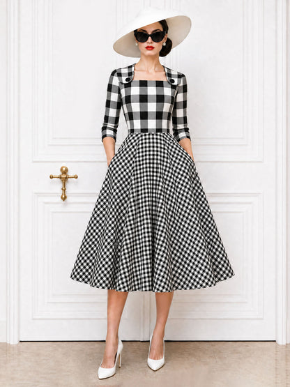 Vintage Plaid Spliced Square Neck Full Skirt Midi Dress
