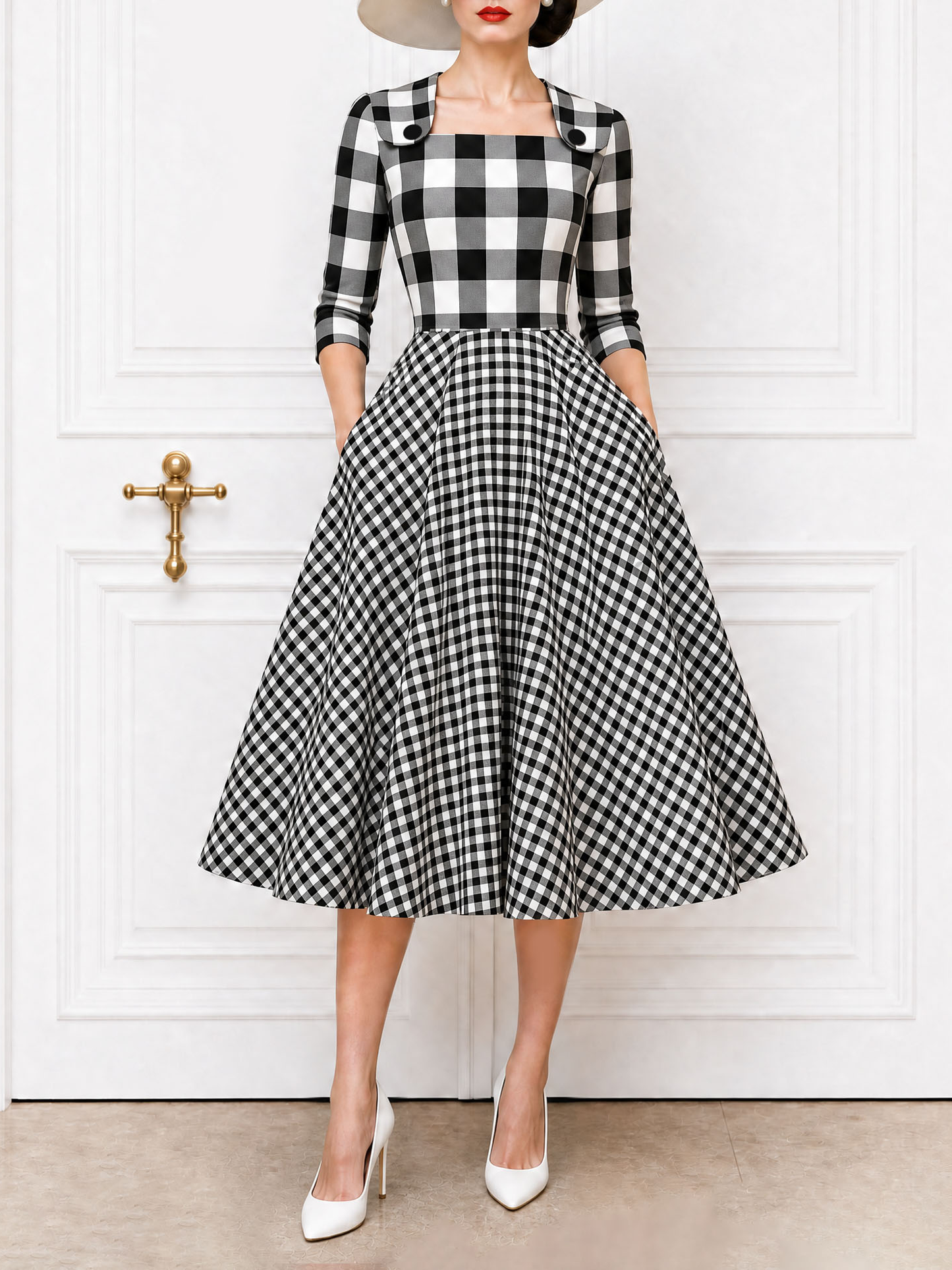 Vintage Plaid Spliced Square Neck Full Skirt Midi Dress