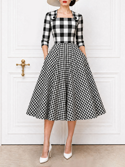 Vintage Plaid Spliced Square Neck Full Skirt Midi Dress
