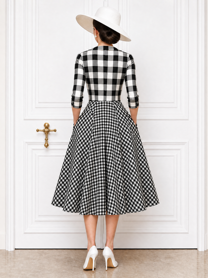 Vintage Plaid Spliced Square Neck Full Skirt Midi Dress