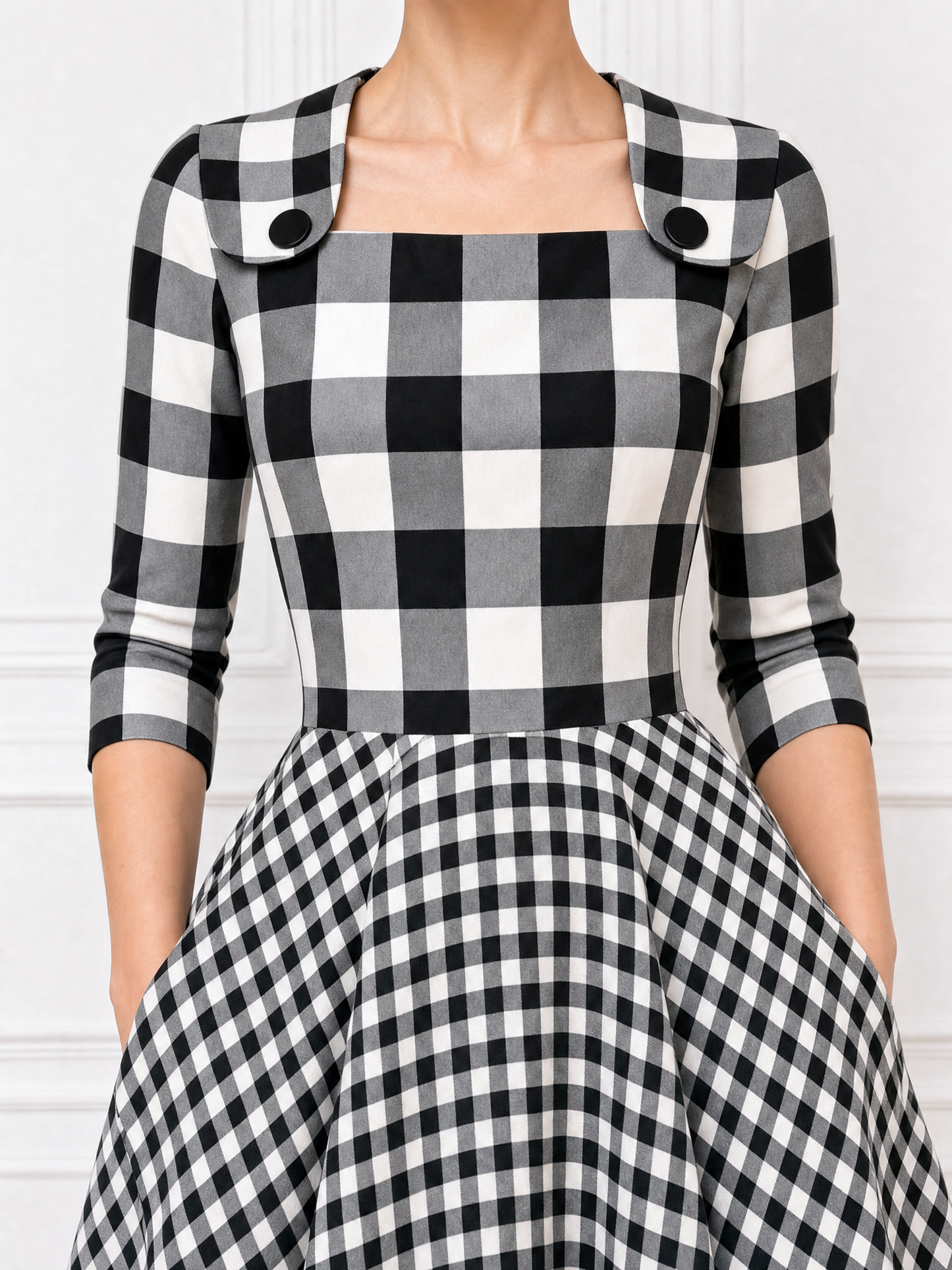 Vintage Plaid Spliced Square Neck Full Skirt Midi Dress