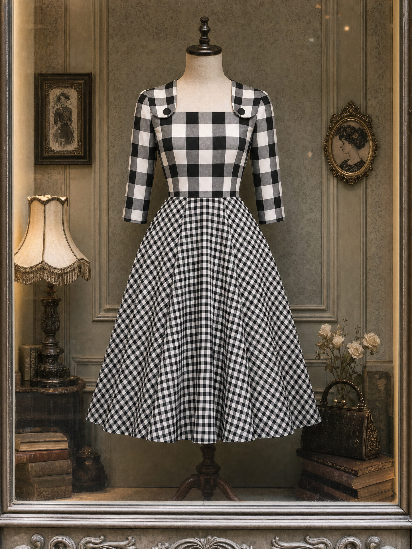 Vintage Plaid Spliced Square Neck Full Skirt Midi Dress