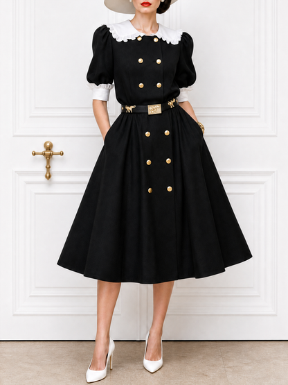 Vintage Double-breasted Lapel Ruffle Trim Midi Dress