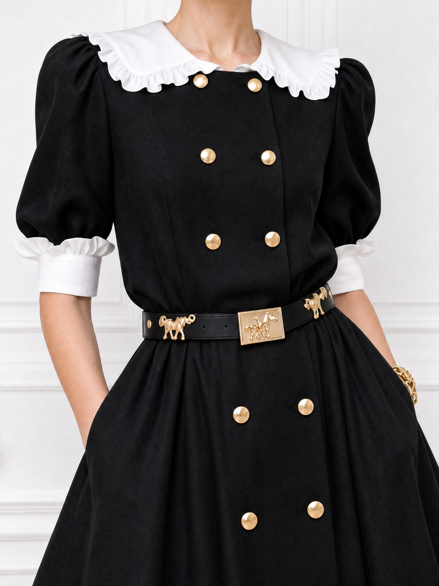 Vintage Double-breasted Lapel Ruffle Trim Midi Dress