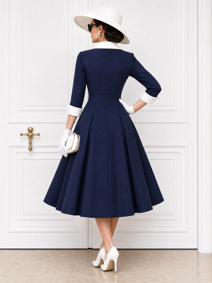 Vintage Sailor Collar Asymmetric Placket Pleated Midi Dress
