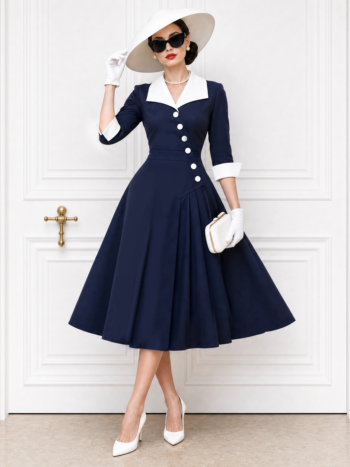 Vintage Sailor Collar Asymmetric Placket Pleated Midi Dress