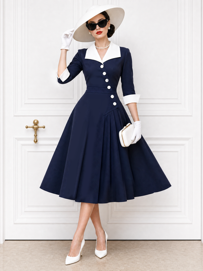 Vintage Sailor Collar Asymmetric Placket Pleated Midi Dress