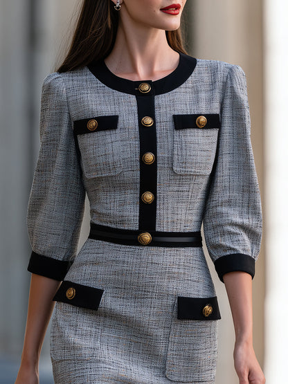 Contrast-Trim Buttoned Tweed Midi Dress