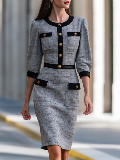 Contrast-Trim Buttoned Tweed Midi Dress